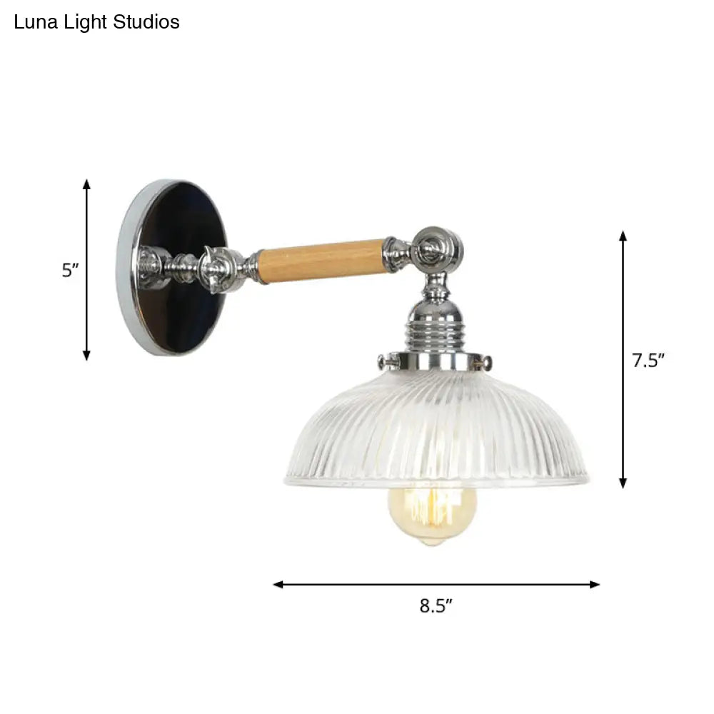 1-Light Rustic Wall Mounted Lamp - Clear Glass Rotatable Bowl/Cone/Bell Design In Chrome And Wood