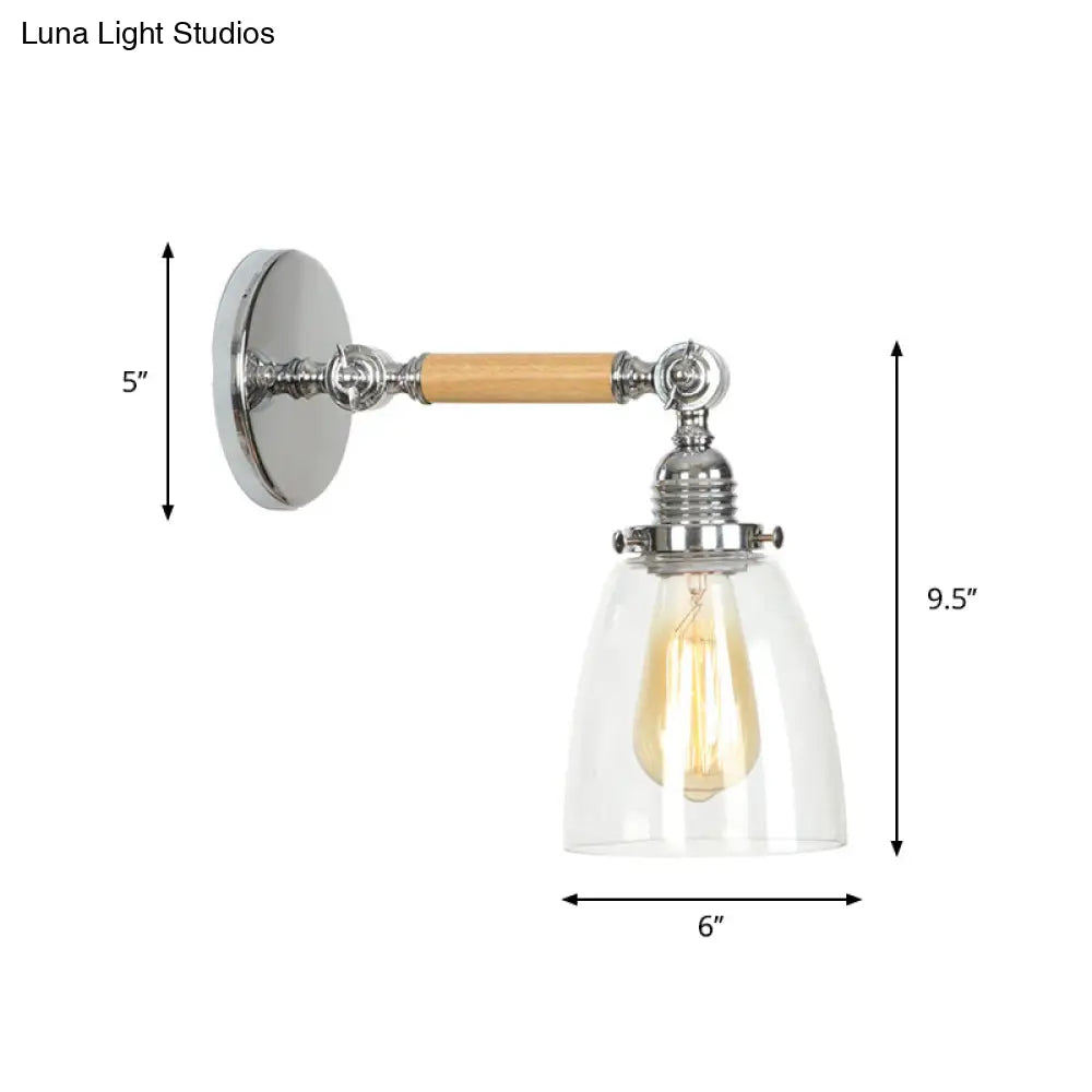 1-Light Rustic Wall Mounted Lamp - Clear Glass Rotatable Bowl/Cone/Bell Design In Chrome And Wood