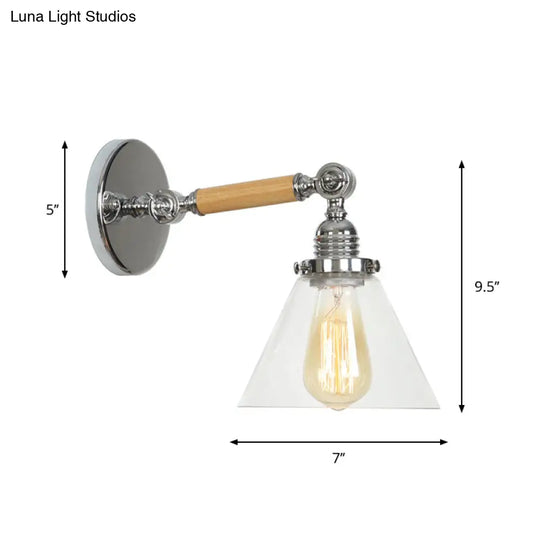 1-Light Rustic Wall Mounted Lamp - Clear Glass Rotatable Bowl/Cone/Bell Design In Chrome And Wood