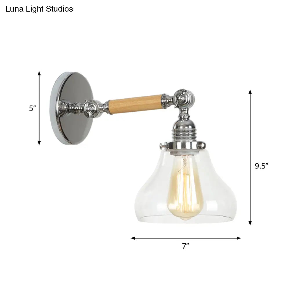 1-Light Rustic Wall Mounted Lamp - Clear Glass Rotatable Bowl/Cone/Bell Design In Chrome And Wood