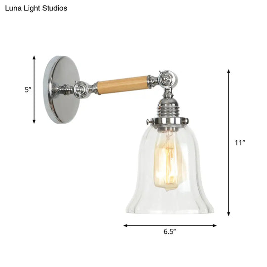 1-Light Rustic Wall Mounted Lamp - Clear Glass Rotatable Bowl/Cone/Bell Design In Chrome And Wood