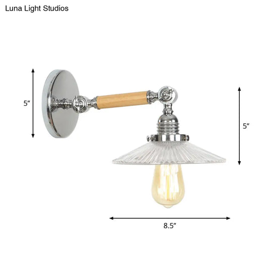 1-Light Rustic Wall Mounted Lamp - Clear Glass Rotatable Bowl/Cone/Bell Design In Chrome And Wood