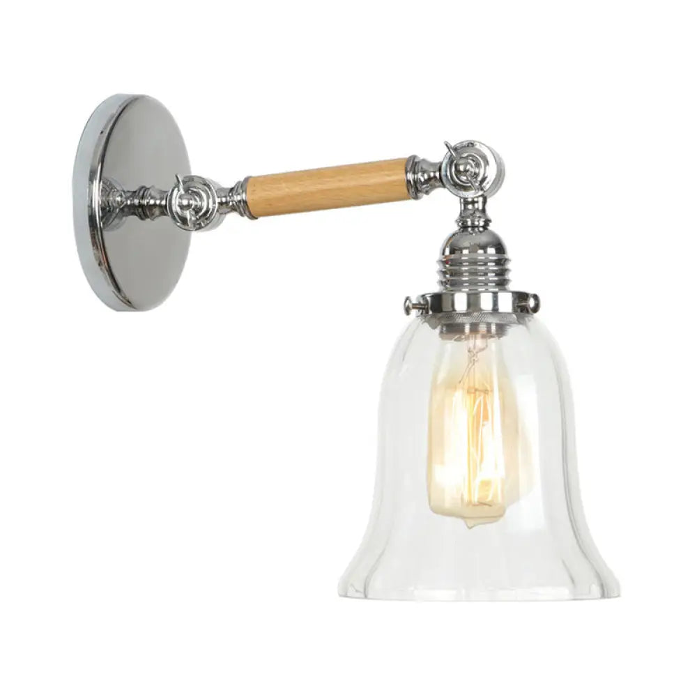 1-Light Rustic Wall Mounted Lamp - Clear Glass Rotatable Bowl/Cone/Bell Design In Chrome And Wood /