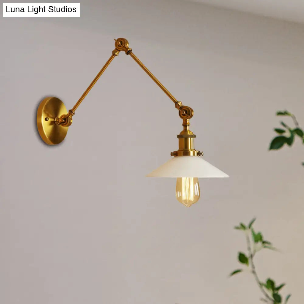 1-Light Saucer Shade Wall Sconce With Swing Arm - Industrial Brass/Bronze Finish And Frosted Glass