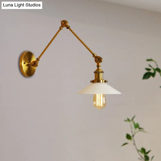 1-Light Saucer Shade Wall Sconce With Swing Arm - Industrial Brass/Bronze Finish And Frosted Glass