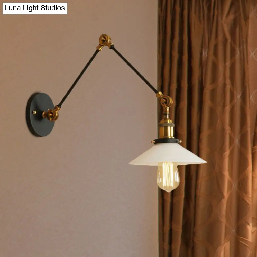 1-Light Saucer Shade Wall Sconce With Swing Arm - Industrial Brass/Bronze Finish And Frosted Glass