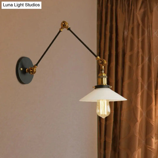 1-Light Saucer Shade Wall Sconce With Swing Arm - Industrial Brass/Bronze Finish And Frosted Glass