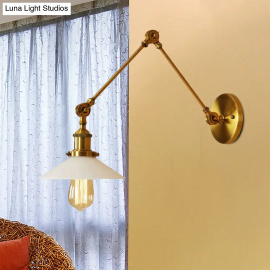 1-Light Saucer Shade Wall Sconce With Swing Arm - Industrial Brass/Bronze Finish And Frosted Glass