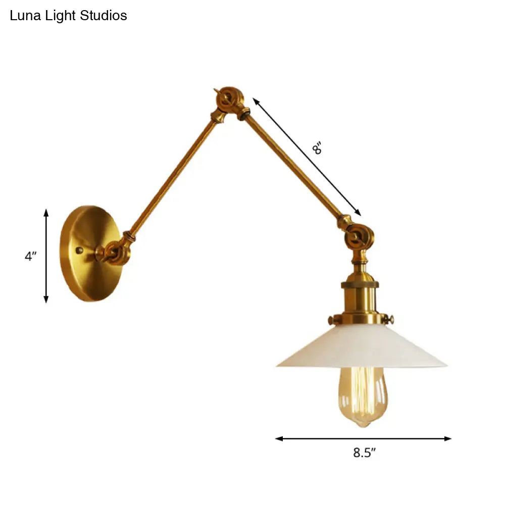 1-Light Saucer Shade Wall Sconce With Swing Arm - Industrial Brass/Bronze Finish And Frosted Glass