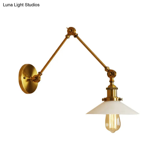 1-Light Saucer Shade Wall Sconce With Swing Arm - Industrial Brass/Bronze Finish And Frosted Glass