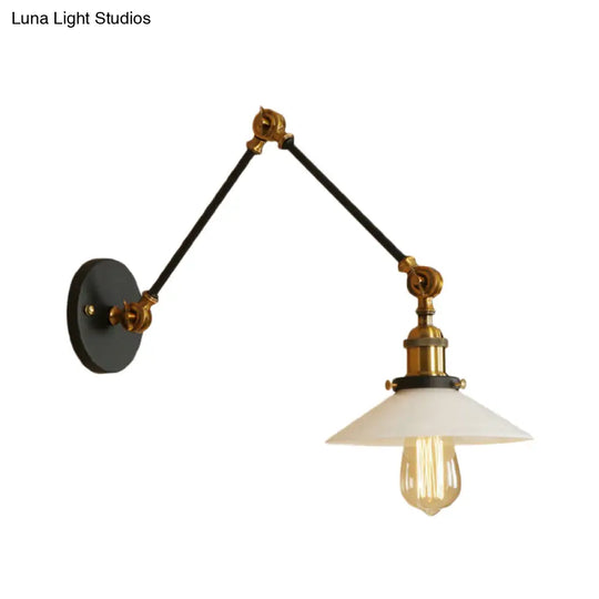 1-Light Saucer Shade Wall Sconce With Swing Arm - Industrial Brass/Bronze Finish And Frosted Glass