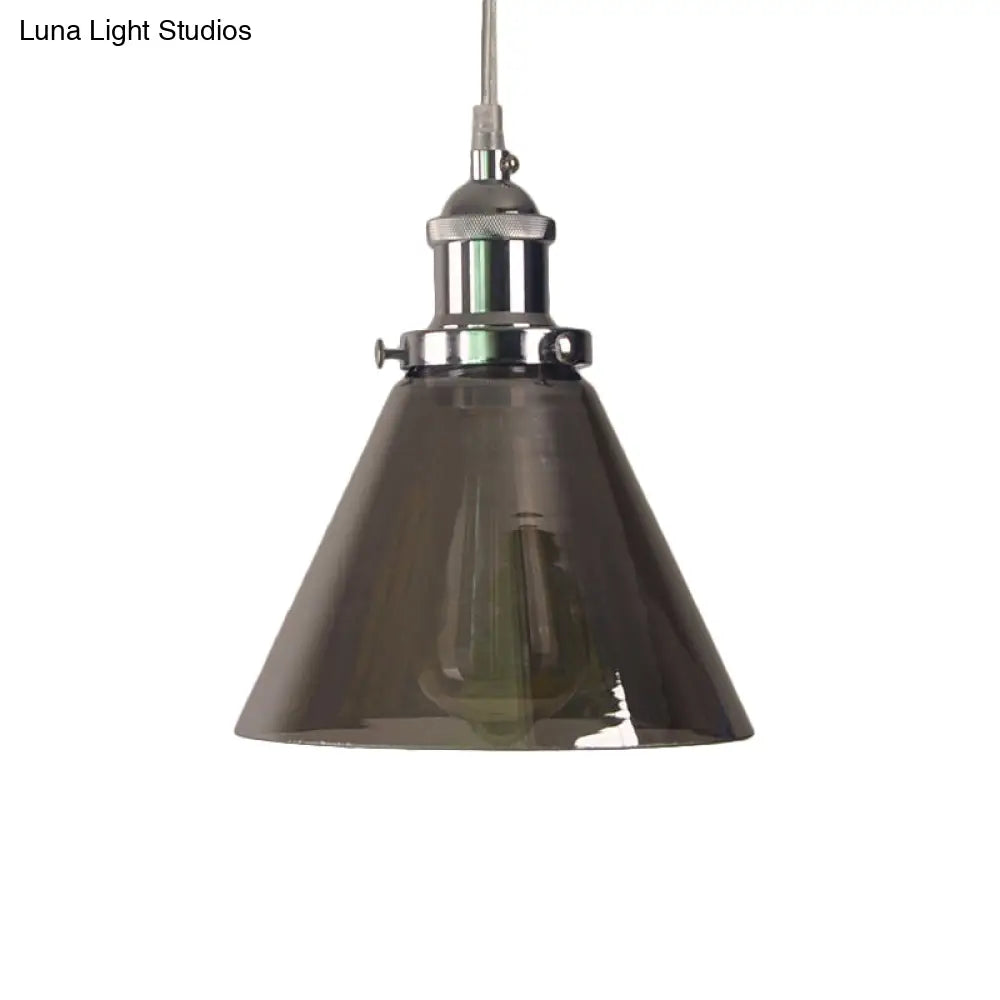 1-Light Smoked Glass Cone Pendant Lamp In Chrome - Industrial Barn Hanging Fixture