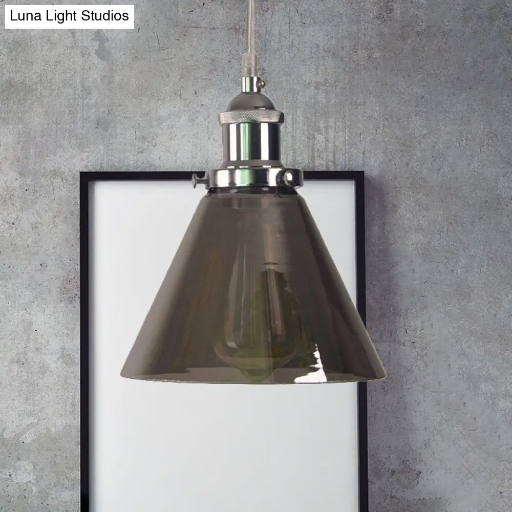 1-Light Smoked Glass Cone Pendant Lamp In Chrome - Industrial Barn Hanging Fixture