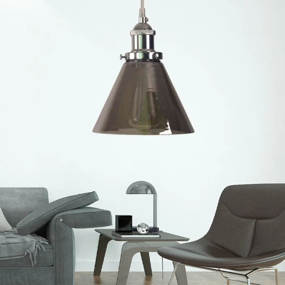 1-Light Smoked Glass Cone Pendant Lamp In Chrome - Industrial Barn Hanging Fixture Smoke Gray /