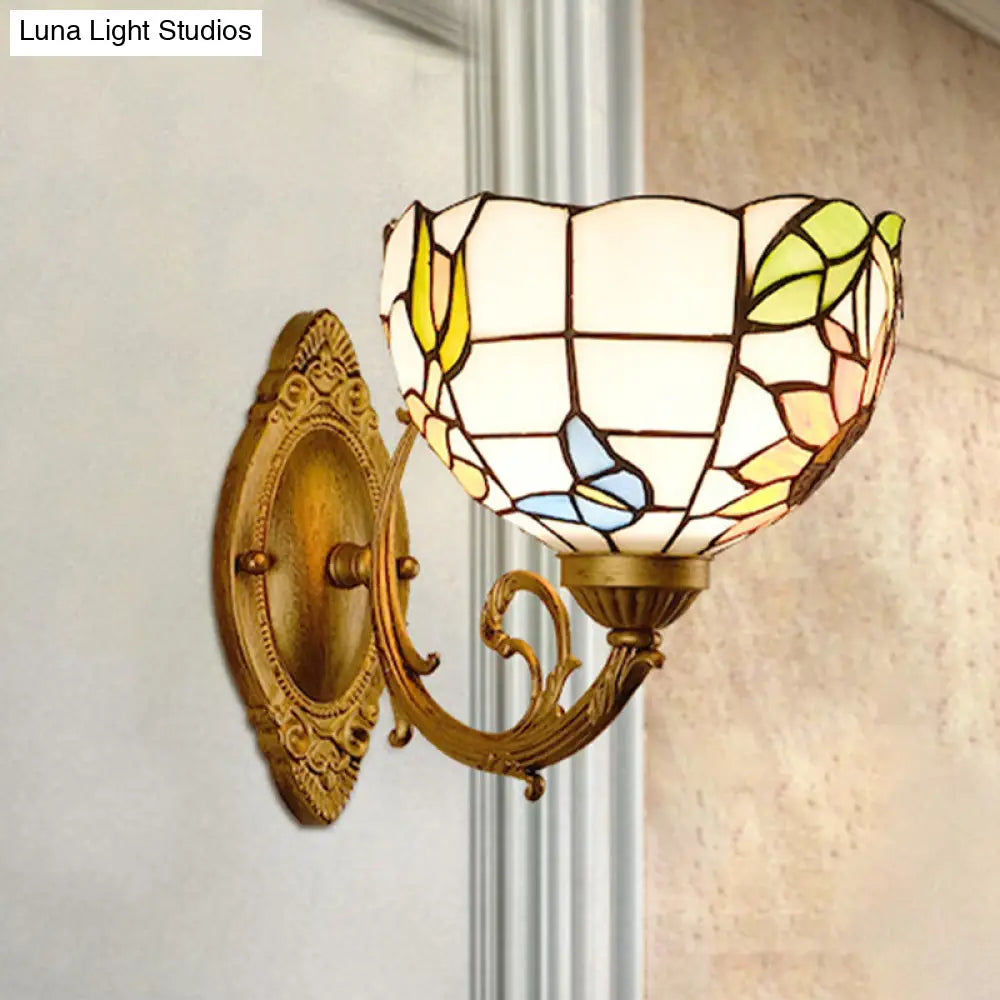 1-Light Stained Art Glass Victorian Sconce In Brass For Bathroom - Grape/Blossom Vanity Lighting