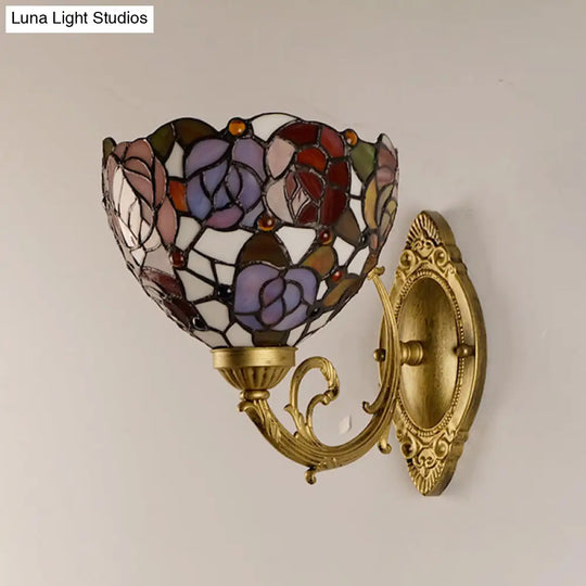 1-Light Stained Art Glass Victorian Sconce In Brass For Bathroom - Grape/Blossom Vanity Lighting