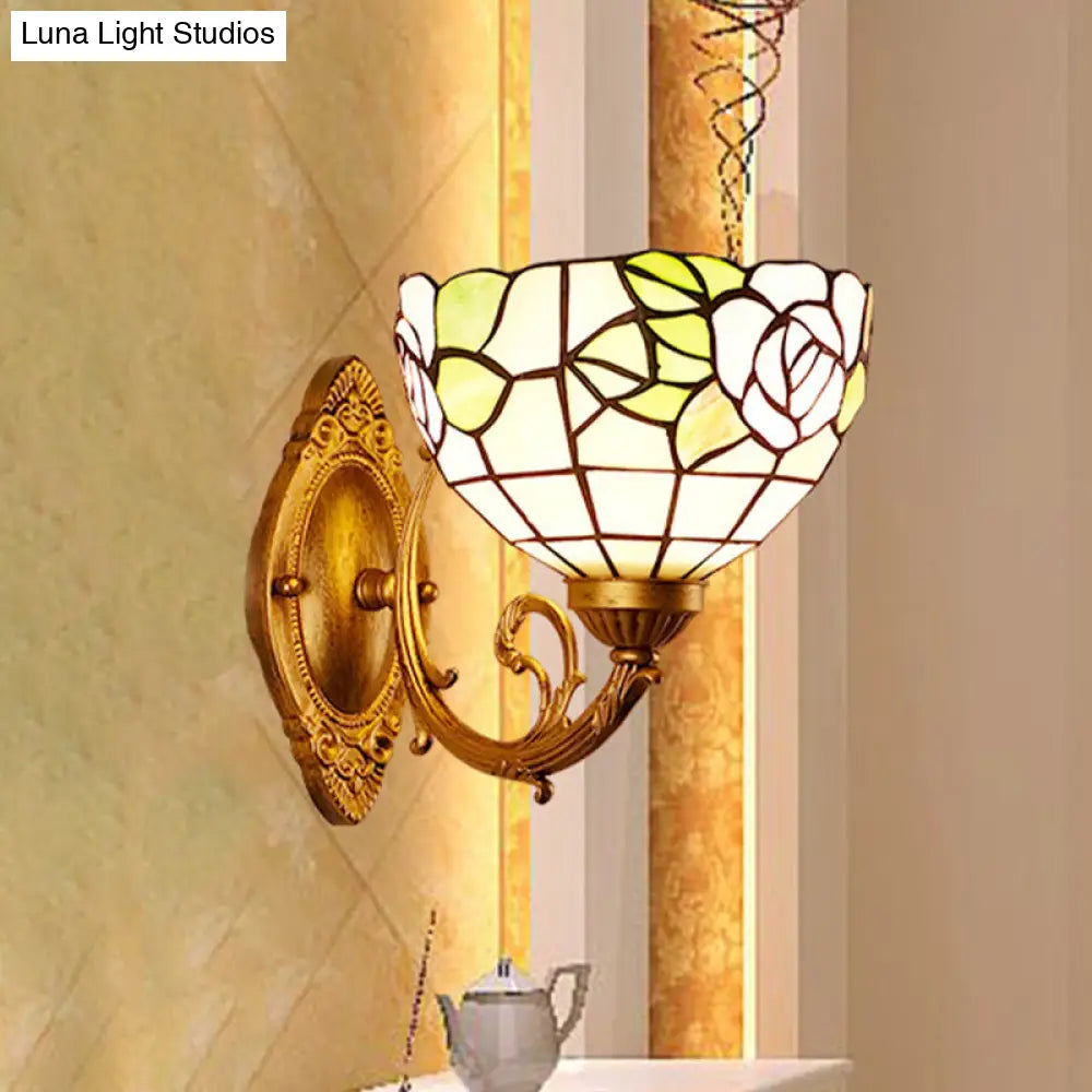 1-Light Stained Art Glass Victorian Sconce In Brass For Bathroom - Grape/Blossom Vanity Lighting