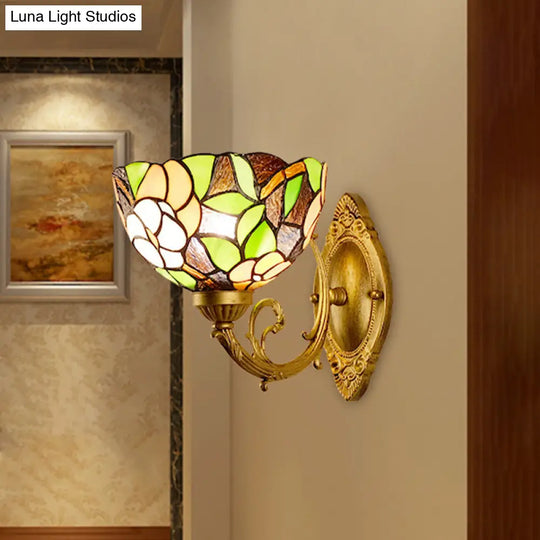 1-Light Stained Art Glass Victorian Sconce In Brass For Bathroom - Grape/Blossom Vanity Lighting