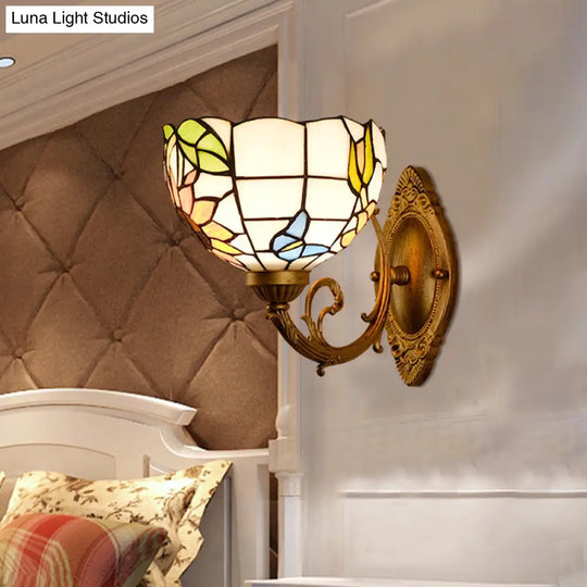 1-Light Stained Art Glass Victorian Sconce In Brass For Bathroom - Grape/Blossom Vanity Lighting