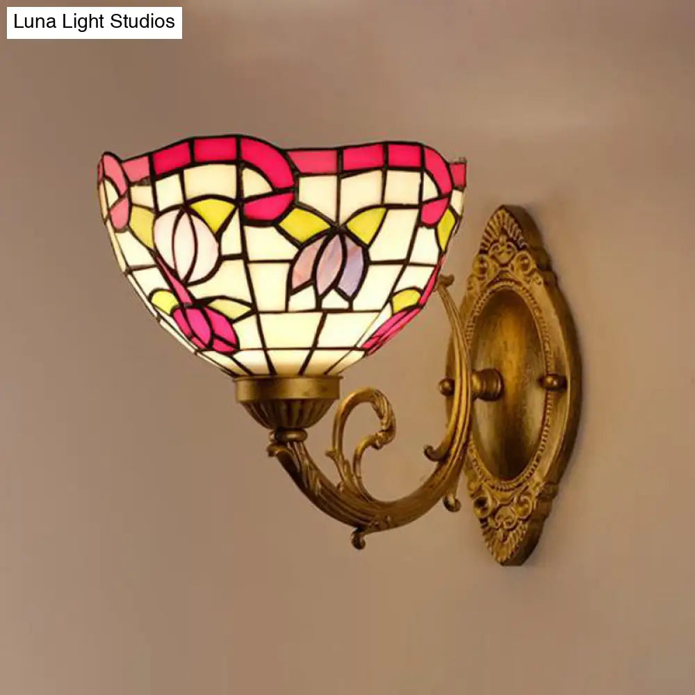 1-Light Stained Art Glass Victorian Sconce In Brass For Bathroom - Grape/Blossom Vanity Lighting