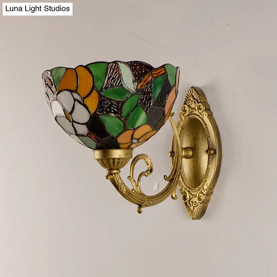 1-Light Stained Art Glass Victorian Sconce In Brass For Bathroom - Grape/Blossom Vanity Lighting