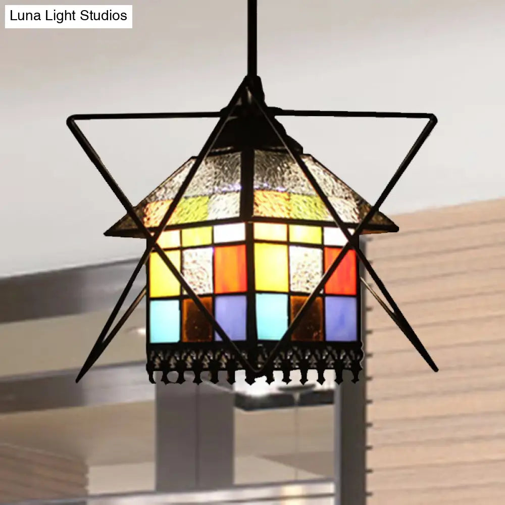 1-Light Stained Glass House Pendant Tiffany Ceiling Lamp With Wire Deco - Creative And Elegant