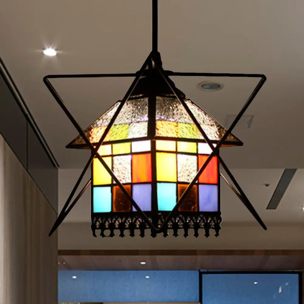 1-Light Stained Glass House Pendant Tiffany Ceiling Lamp With Wire Deco - Creative And Elegant Black