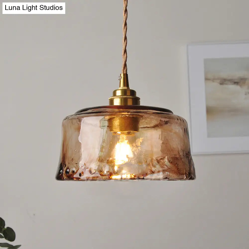 1-Light Suspended Lighting Fixture Rustic Dining Room Pendant Lamp With Round Amber Alabaster Glass