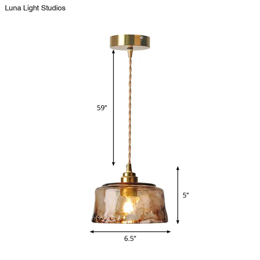 1-Light Suspended Lighting Fixture Rustic Dining Room Pendant Lamp With Round Amber Alabaster Glass