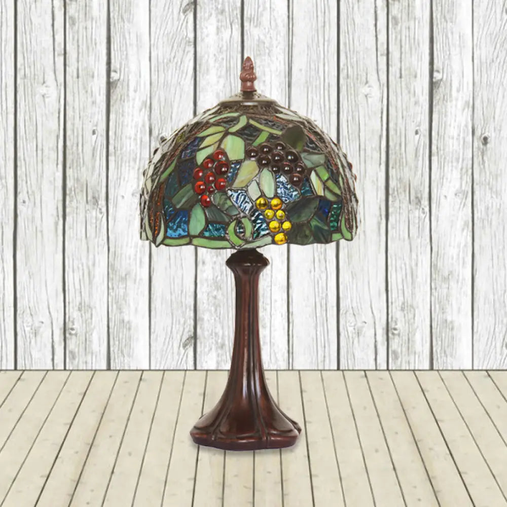 1-Light Tiffany Coffee Bedside Lamp With Stained Glass Dome Shade And Grapes Pattern Night Light