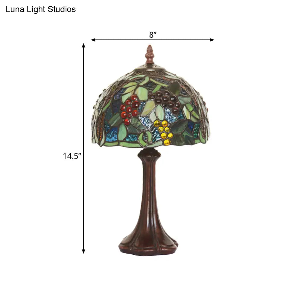 1-Light Tiffany Coffee Bedside Lamp With Stained Glass Dome Shade And Grapes Pattern Night Light