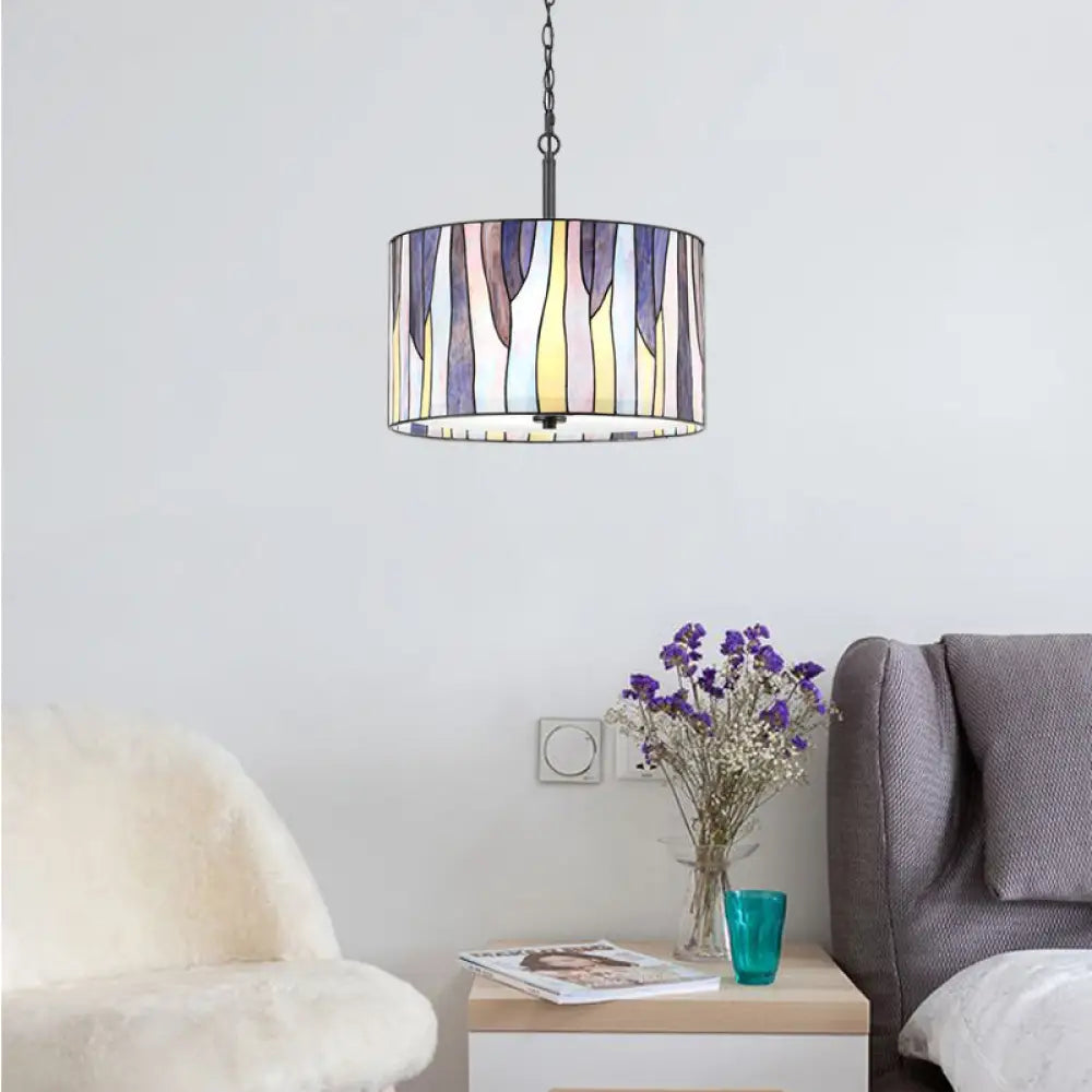 1-Light Tiffany Style Stainless Glass Drum Pendant Ceiling Light - Purple Hanging Lamp For Living