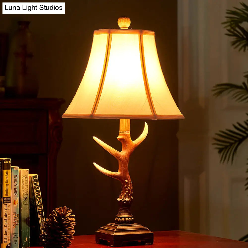 1-Light Traditional Brown Fabric Desk Lamp With Branch Base - Perfect Bedroom Reading Light
