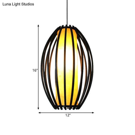 1-Light Traditional Oval Bamboo Cage Hanging Light Kit With Black Finish And Tube Shade