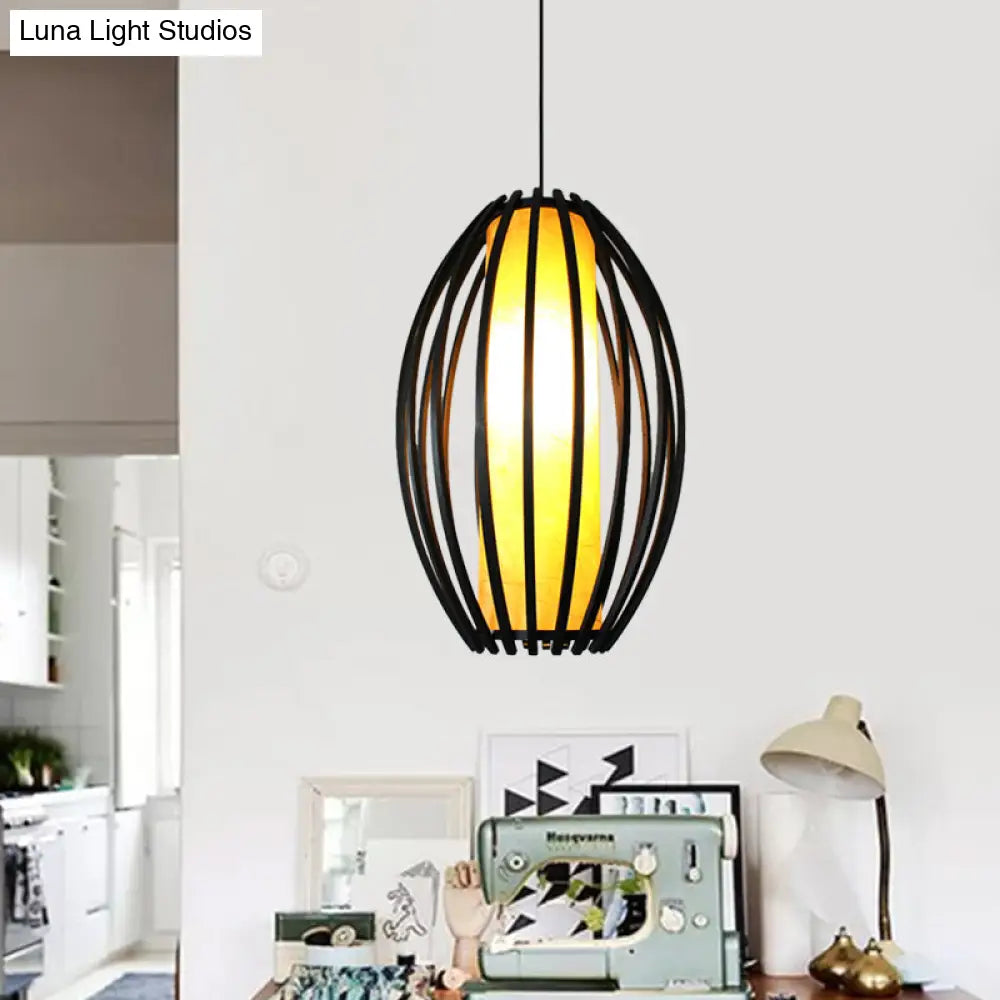 1-Light Traditional Oval Bamboo Cage Hanging Light Kit With Black Finish And Tube Shade