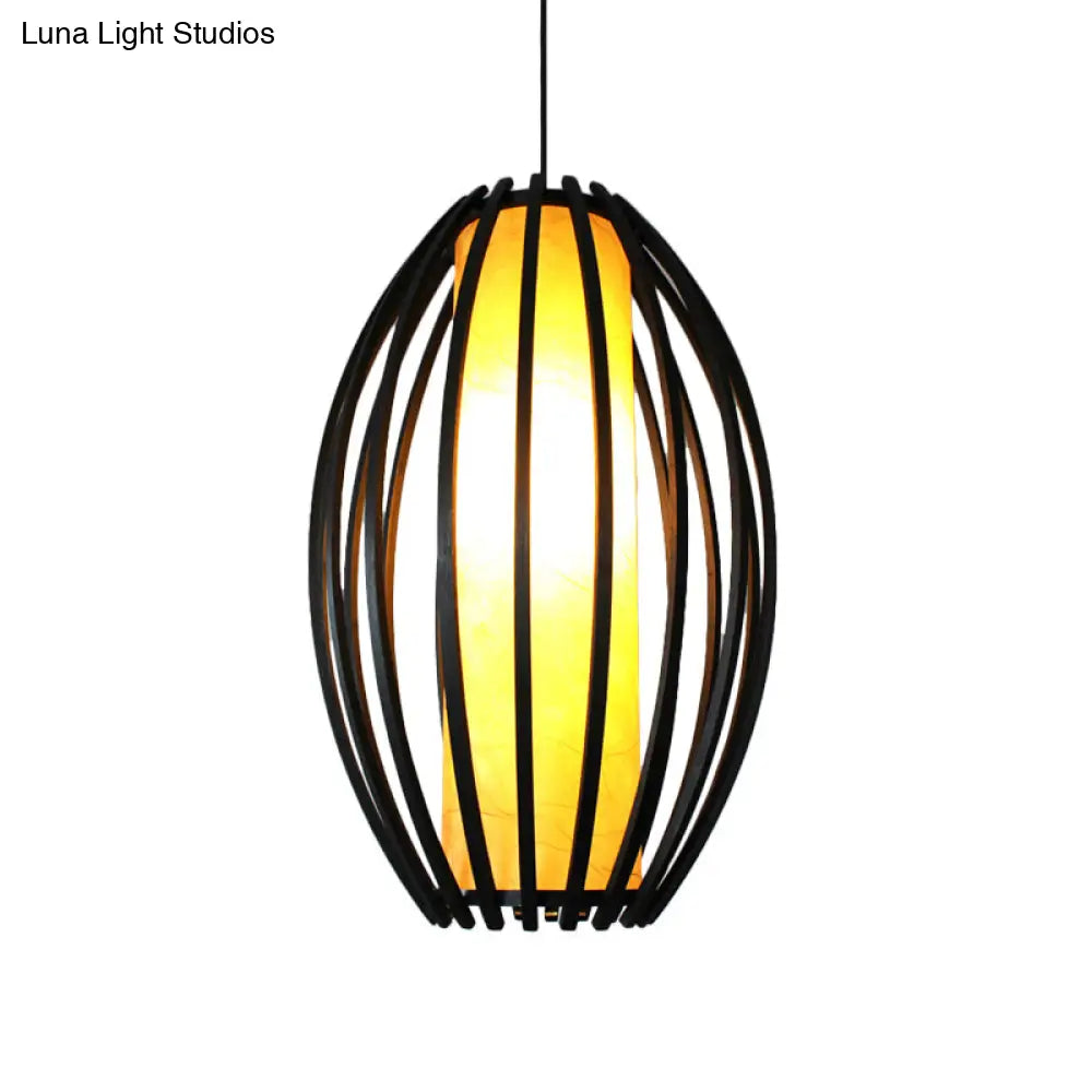 1-Light Traditional Oval Bamboo Cage Hanging Light Kit With Black Finish And Tube Shade