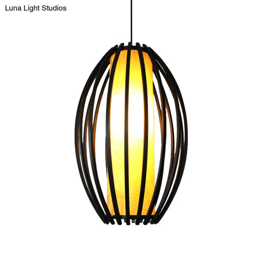 1-Light Traditional Oval Bamboo Cage Hanging Light Kit With Black Finish And Tube Shade