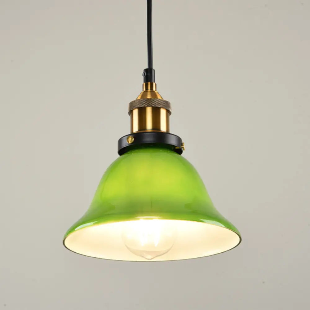 1-Light Vintage Brass Green Glass Pendant Hanging Light Fixture 8’/10’ Width – Perfect For