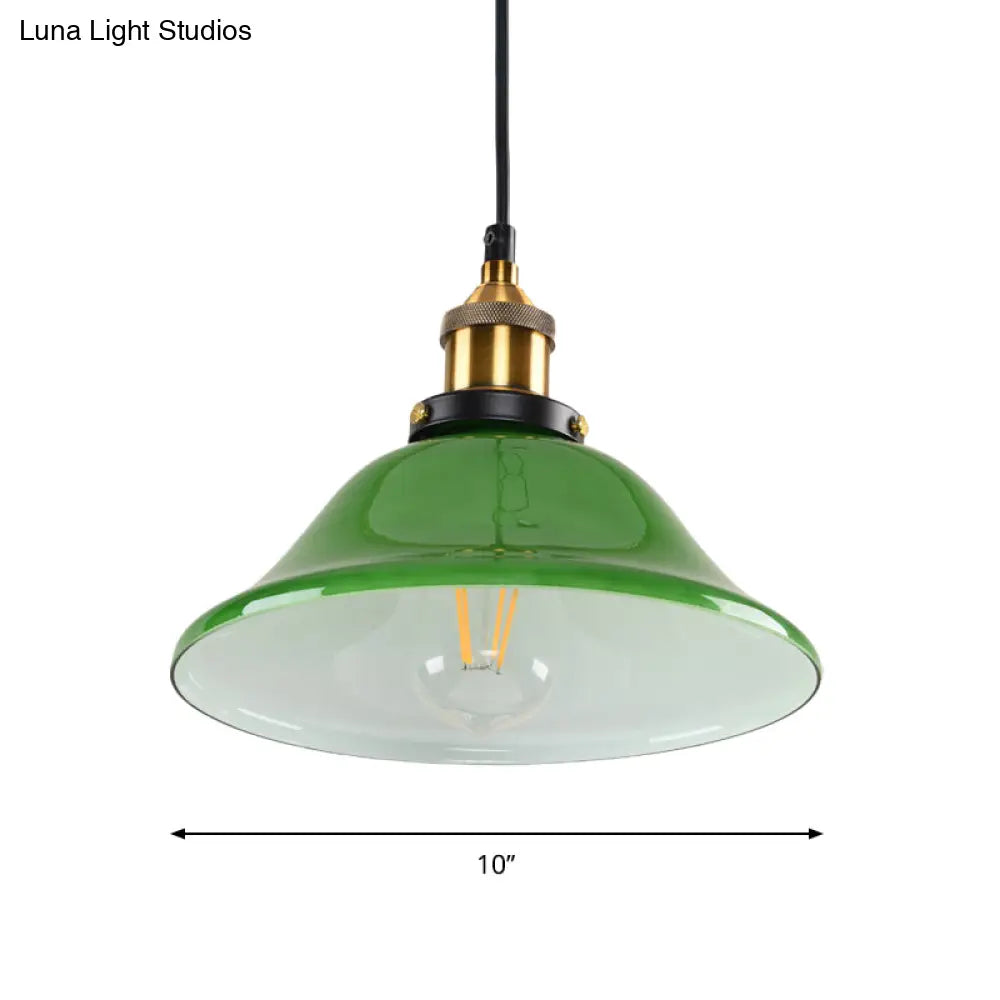 1-Light Vintage Brass Green Glass Pendant Hanging Light Fixture 8’/10’ Width – Perfect For