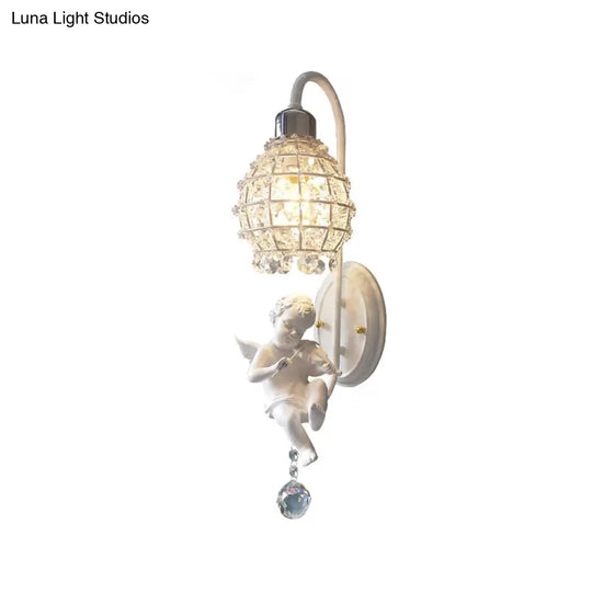 1-Light Wall Sconce With Globe Crystal And Angel Decoration - Simple Corridor Mount In White