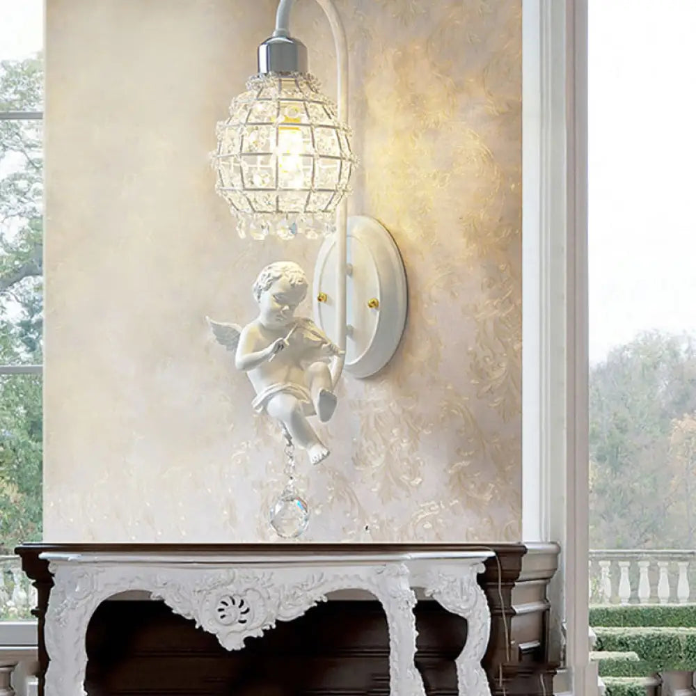 1-Light Wall Sconce With Globe Crystal And Angel Decoration - Simple Corridor Mount In White /