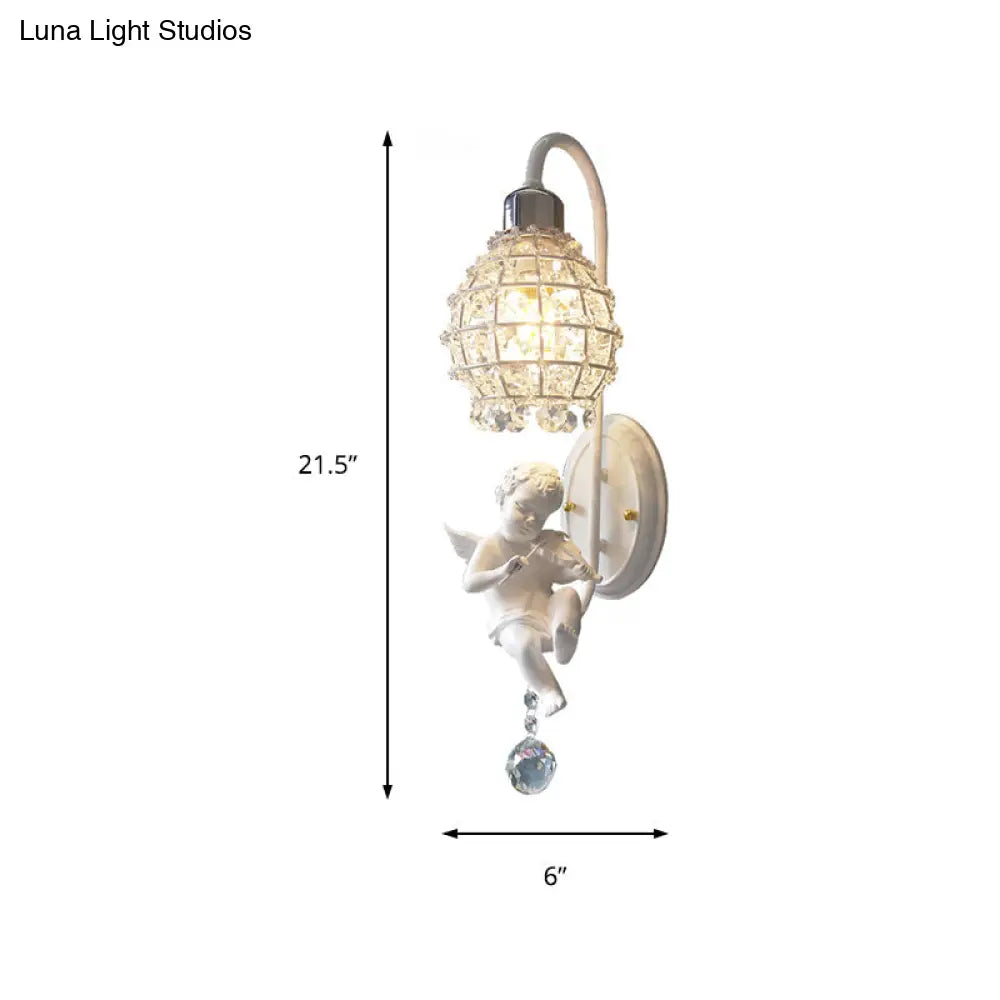 1-Light Wall Sconce With Globe Crystal And Angel Decoration - Simple Corridor Mount In White