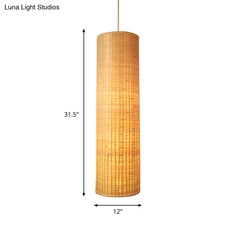 10/12 W Asian Style Rattan Cylinder Hanging Pendant Light - Beige Ceiling Lighting For Restaurants