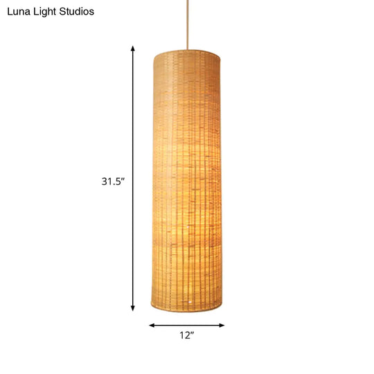 10/12 W Asian Style Rattan Cylinder Hanging Pendant Light - Beige Ceiling Lighting For Restaurants