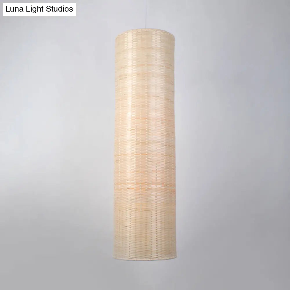 10/12 W Asian Style Rattan Cylinder Hanging Pendant Light - Beige Ceiling Lighting For Restaurants