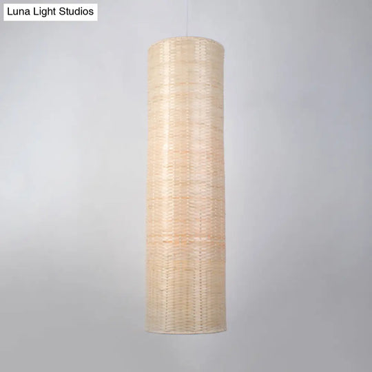 10/12 W Asian Style Rattan Cylinder Hanging Pendant Light - Beige Ceiling Lighting For Restaurants