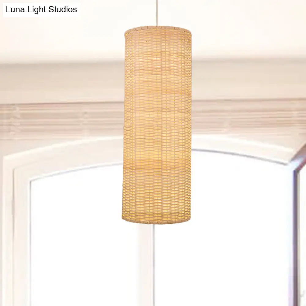 10/12 W Asian Style Rattan Cylinder Hanging Pendant Light - Beige Ceiling Lighting For Restaurants