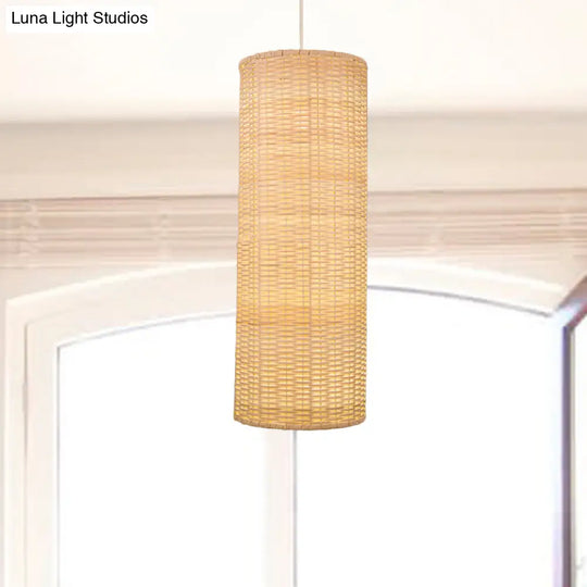 10/12 W Asian Style Rattan Cylinder Hanging Pendant Light - Beige Ceiling Lighting For Restaurants