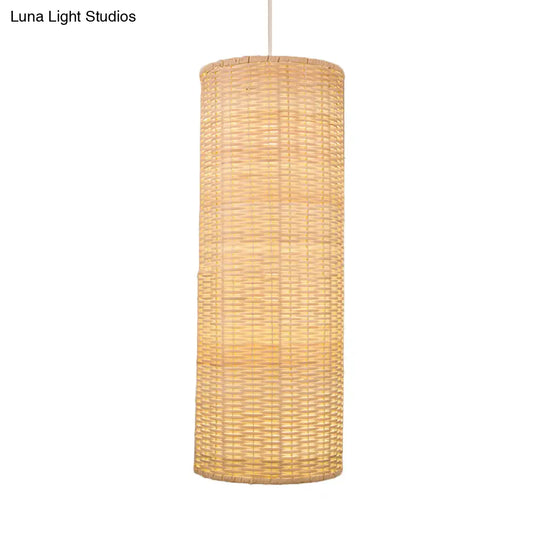 10/12 W Asian Style Rattan Cylinder Hanging Pendant Light - Beige Ceiling Lighting For Restaurants