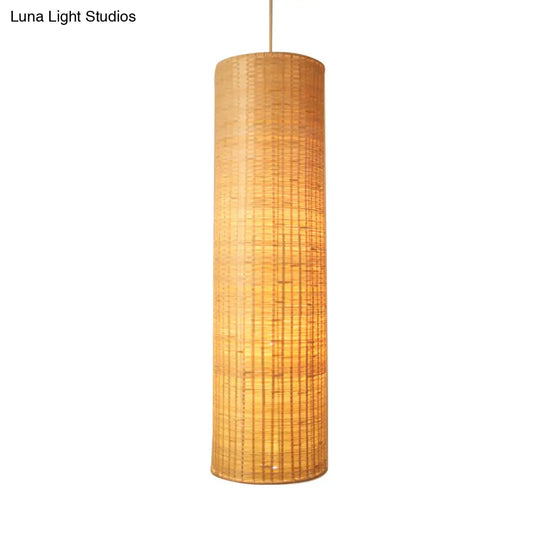 10/12 W Asian Style Rattan Cylinder Hanging Pendant Light - Beige Ceiling Lighting For Restaurants